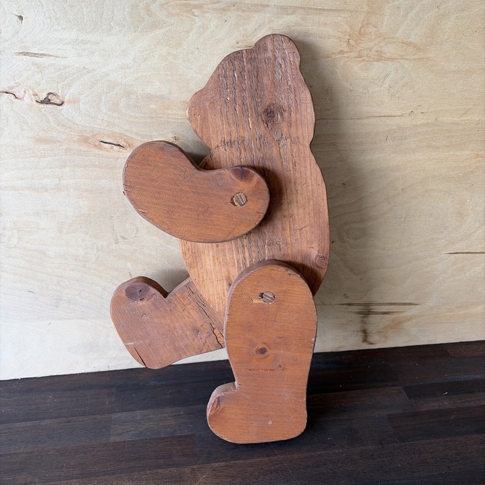 Vtg Handmade Wooden Teddy Bear Figure, Cottagecore Grandma